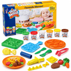 Kit Massinha de Modelar Fazendo Massas com Acessórios Forminha Potes Cortador Brinquedo Comidinha Lanchonete Confeitaria