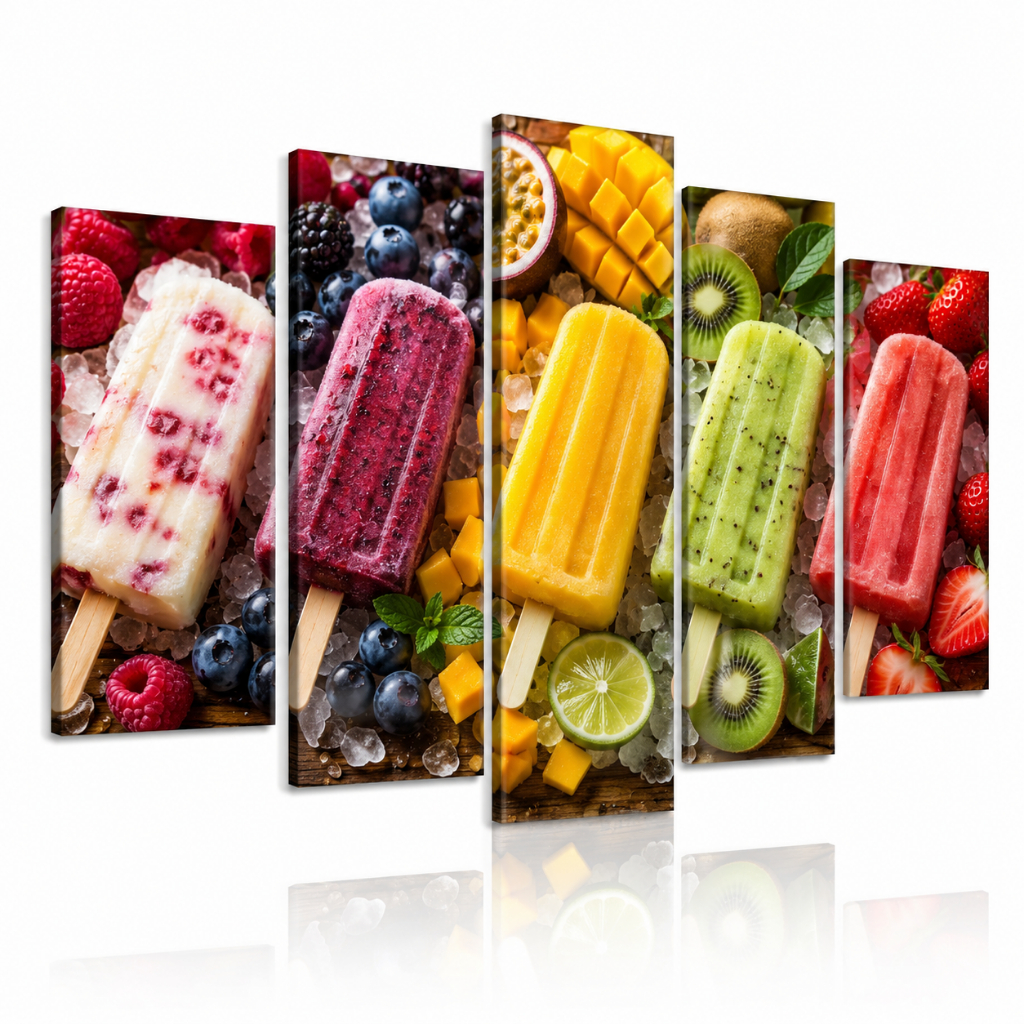 Kit 5 Quadros Decorativos Picolés Frutas Sorvetes Coloridos Para Sorveteria Lanchonete e Cozinha