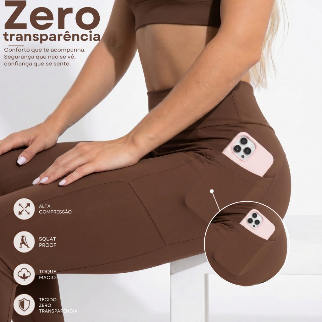 Calça Legging ZERO TRANSPARÊNCIA | COM BOLSO P/ Celular Treino Academia Yoga Corrida Pilates UV50+
