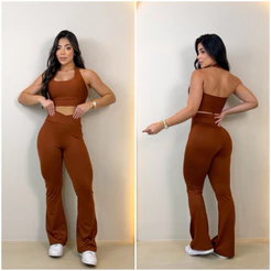 Conjunto Feminino de Academia Top Frente Única e Calça Flare