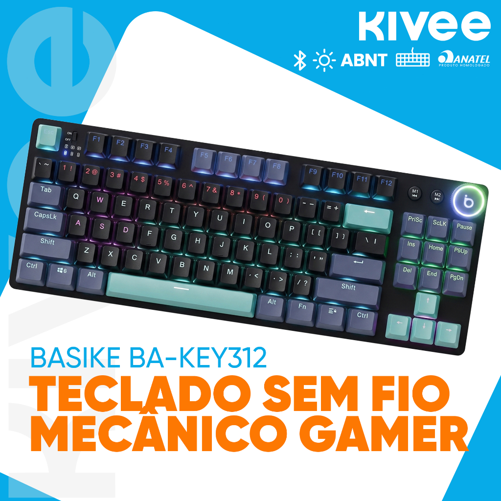 KIVEE Teclado Mecânico Gamer KEY312 Triplo Modo RGB Bluetooth 2.4G Fio Bateria 2000mAh Longa Duração