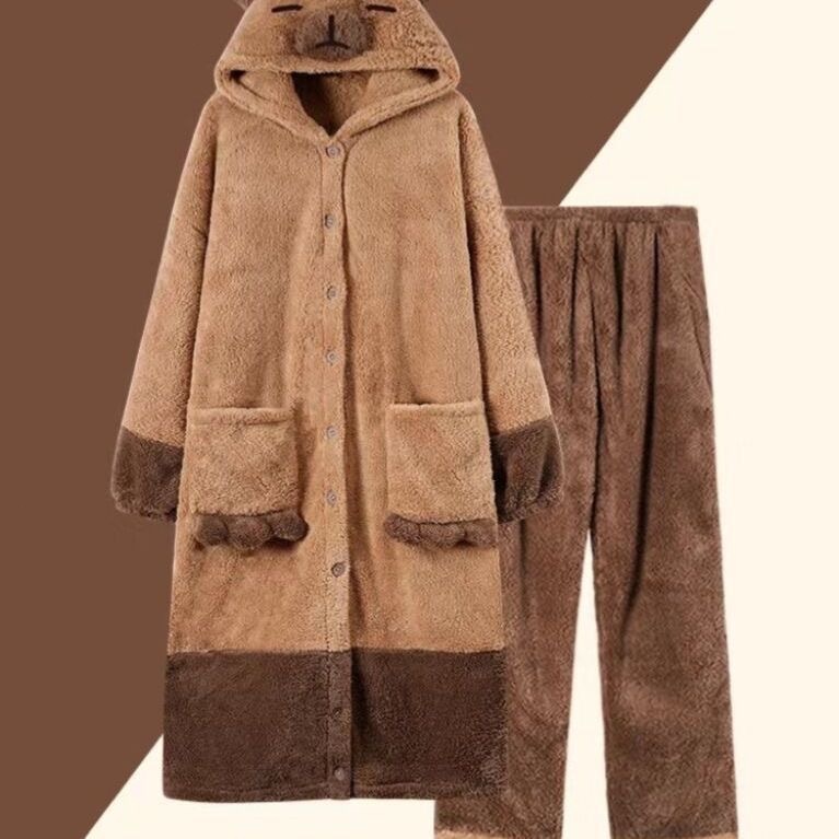 Conjunto Pijama Capivara Pelúcia Coral Fleece Com Capuz 3D Laranja Blusa + Calça Modelo Oversized Macio Quente