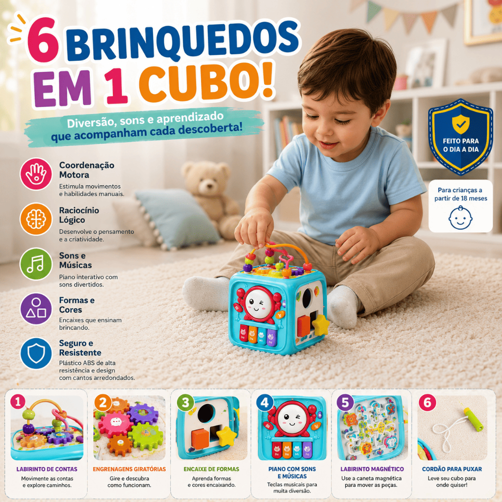 MSP Kids Cubo Educativo Sensorial Montessori Infantil 6 em 1 com Interativo Luzes e Atividades