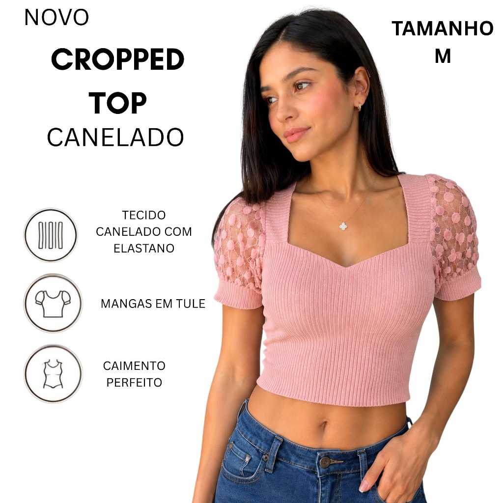Cropped Feminino Canelado Rosa Manga Princesa Tule Blusa Top com Elastano Tamanho M