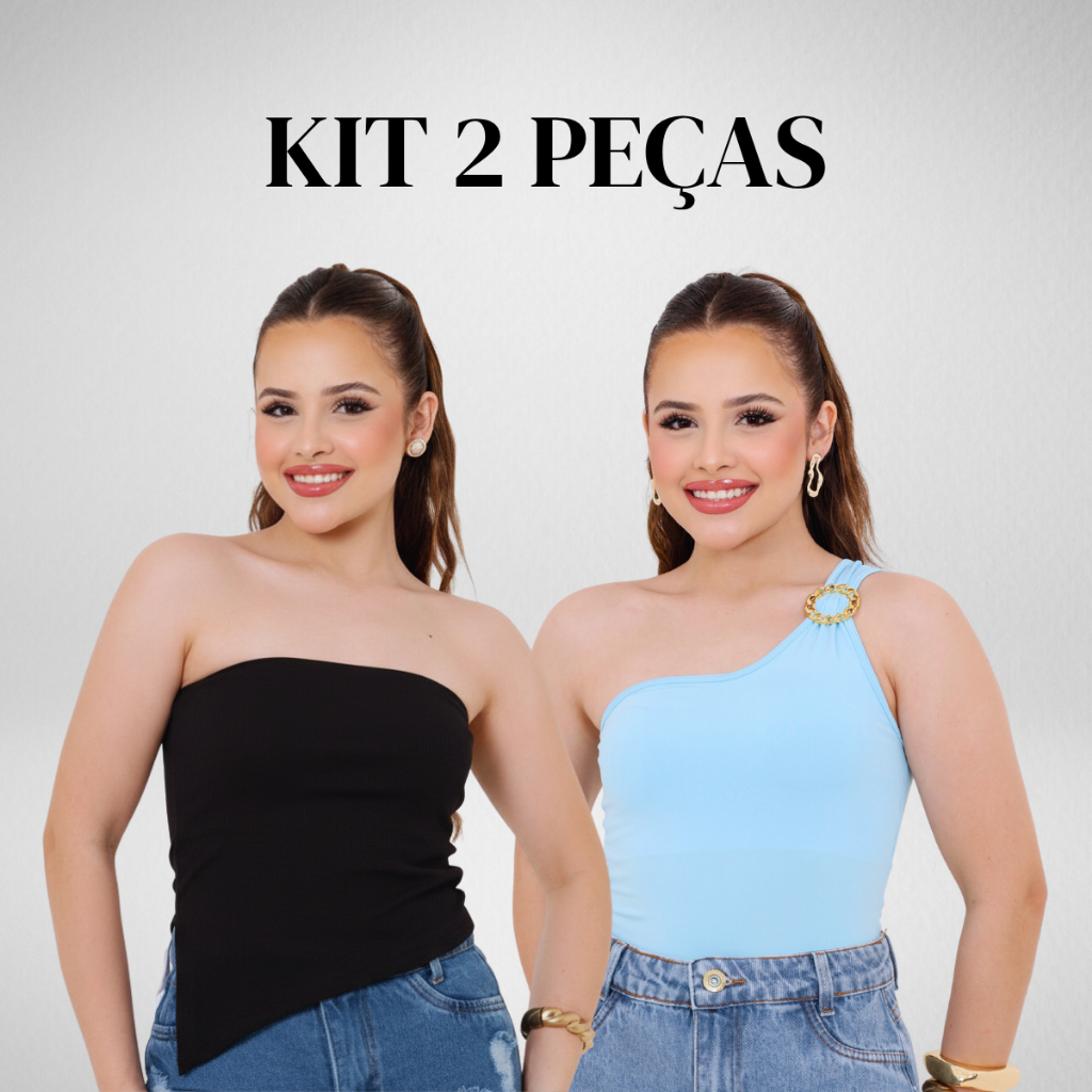 Kit Feminino Juvenil Blusa Canelada Assimétrica Tomara que Caia e Body Ombro Único Microfibra