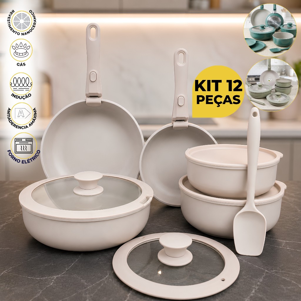 Imagem Conjunto de Panelas 12 Peças Cabo Removível Revestimento Cerâmico Antiaderente Fogão Indução