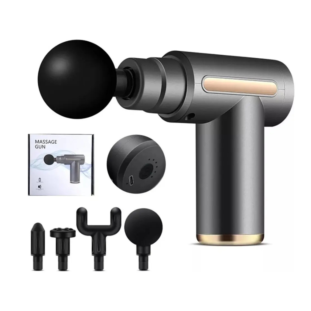 Pistola Massageadora Muscular Massage Gun Recarregável 4 Ponteiras Alívio da Dor Relaxamento
