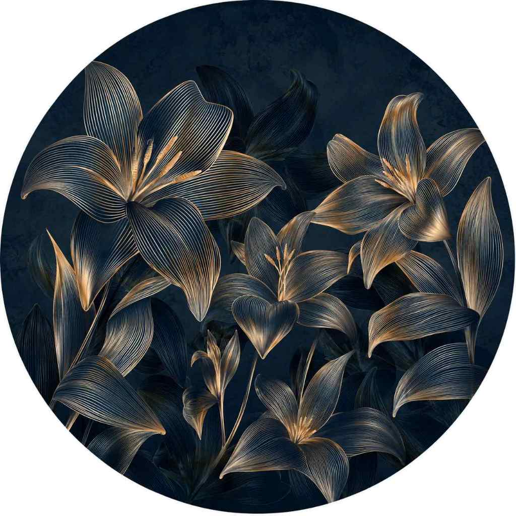 Painel Redondo Floral Azul com dourado 1,50m Tecido Sublimado de Festa e Casamento