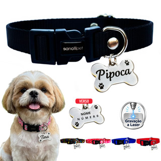 Coleira Para Cachorro Com Plaquinha De Identificação Personalizada Frente E Verso Luxo