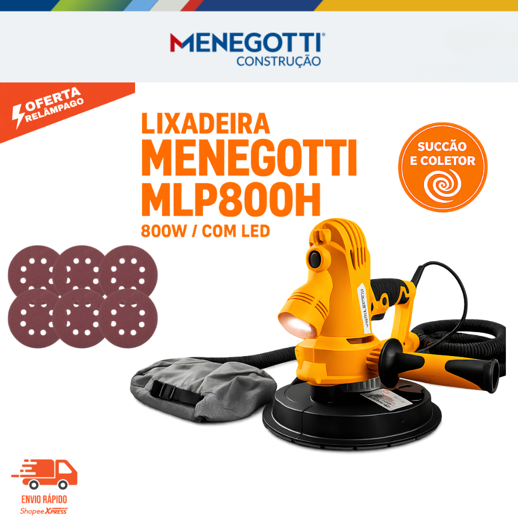 Lixadeira de Parede Menegotti MLP800H 800W 127V 180mm LED Sucção Coletor Massa Corrida Acabamento