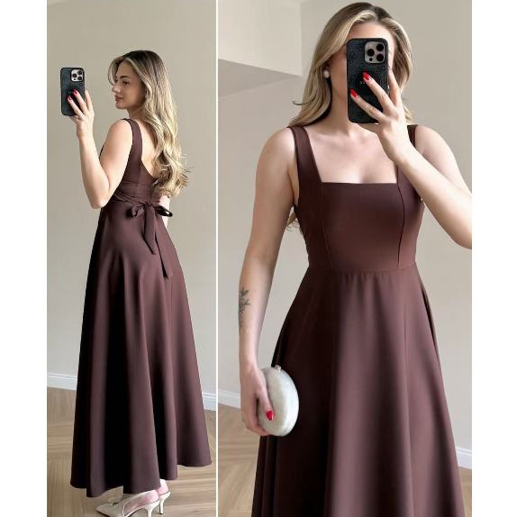 YAN FASHION | Vestido Longo Decote Quadrado com Amarração nas Costas — Alfaiataria Elegante para Ocasiões Especiais