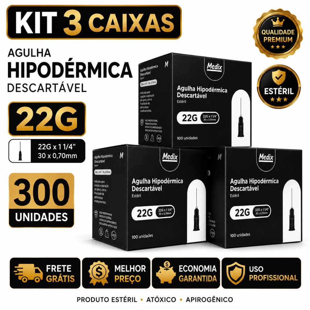 Agulha 30x0,7mm 22g Medix HiPodérmica Descartável Intramuscular 300 unds 3 caixas c/100
