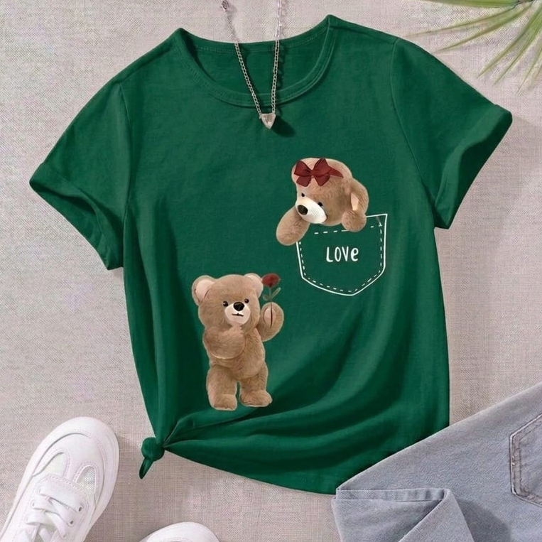 Camiseta Infantil Menina Casal Ursinho Flor Algodão Premium Confortável Leve Estilosa Blogueirinha
