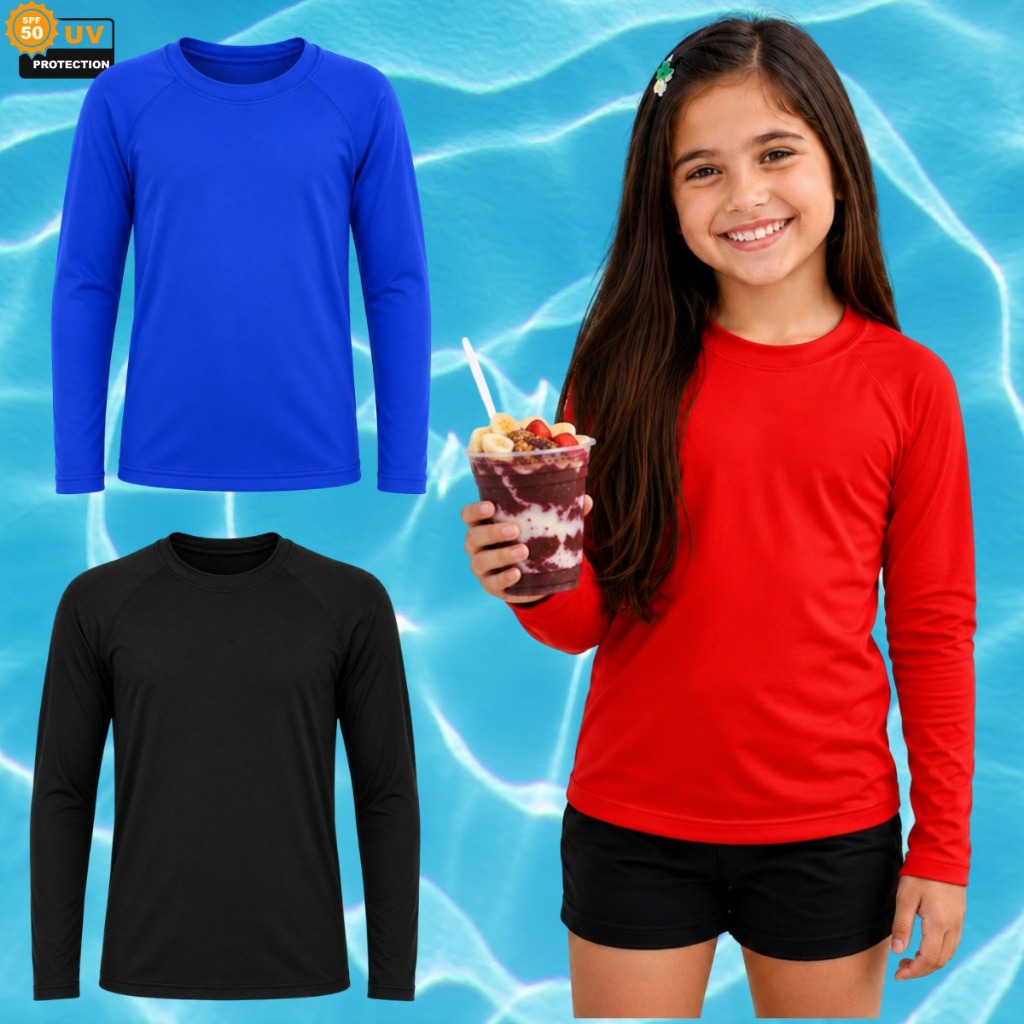 Kit 3 Blusa Térmica Manga Longa Infantil Com Proteção UV Camiseta  Menina e Menino Para Brincar Na Água