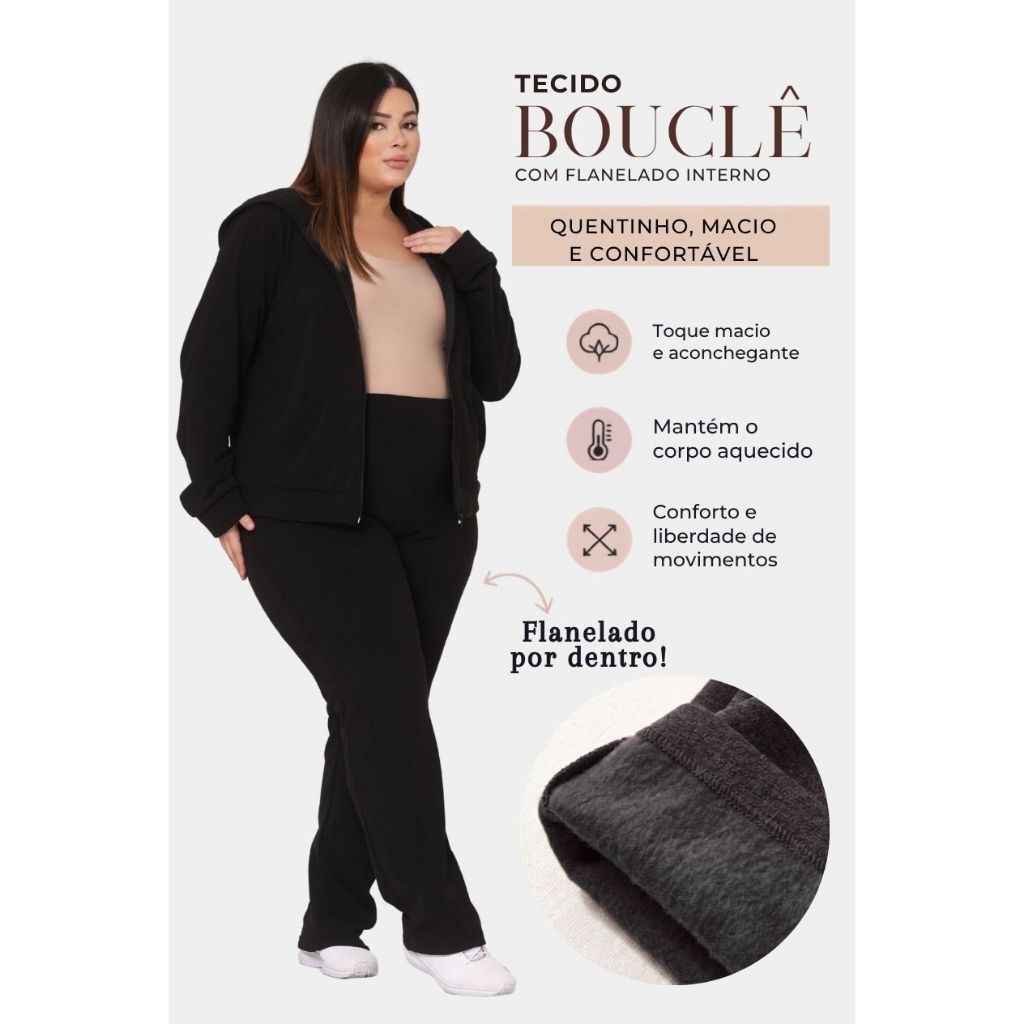 Conjunto Moletom Feminino Bucle Flanelado calça e Jaqueta com touca e bolso Confortavel Basico Inverno Atemporal LuaChic