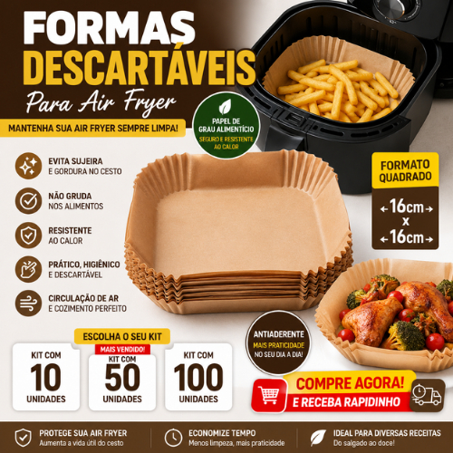 Kit 10 | 50 | 100 Formas Papel Descartável para Air Fryer 16x16cm Quadrada Antiaderente Fritadeira Elétrica