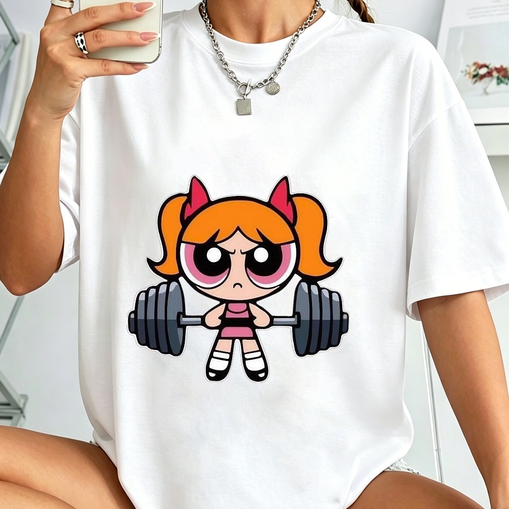 Camiseta Feminina Plus Size Estampa Cartoon Menina Poderosa Musculação Algodão 100% Oversized