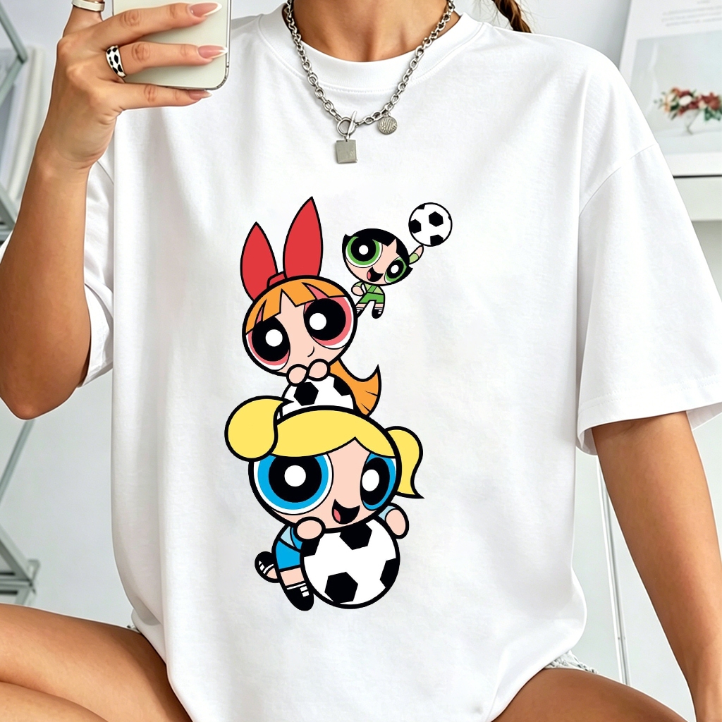Camiseta Feminina Oversized 100% Algodão Estampa Meninas Superpoderosas Futebol Plus Size