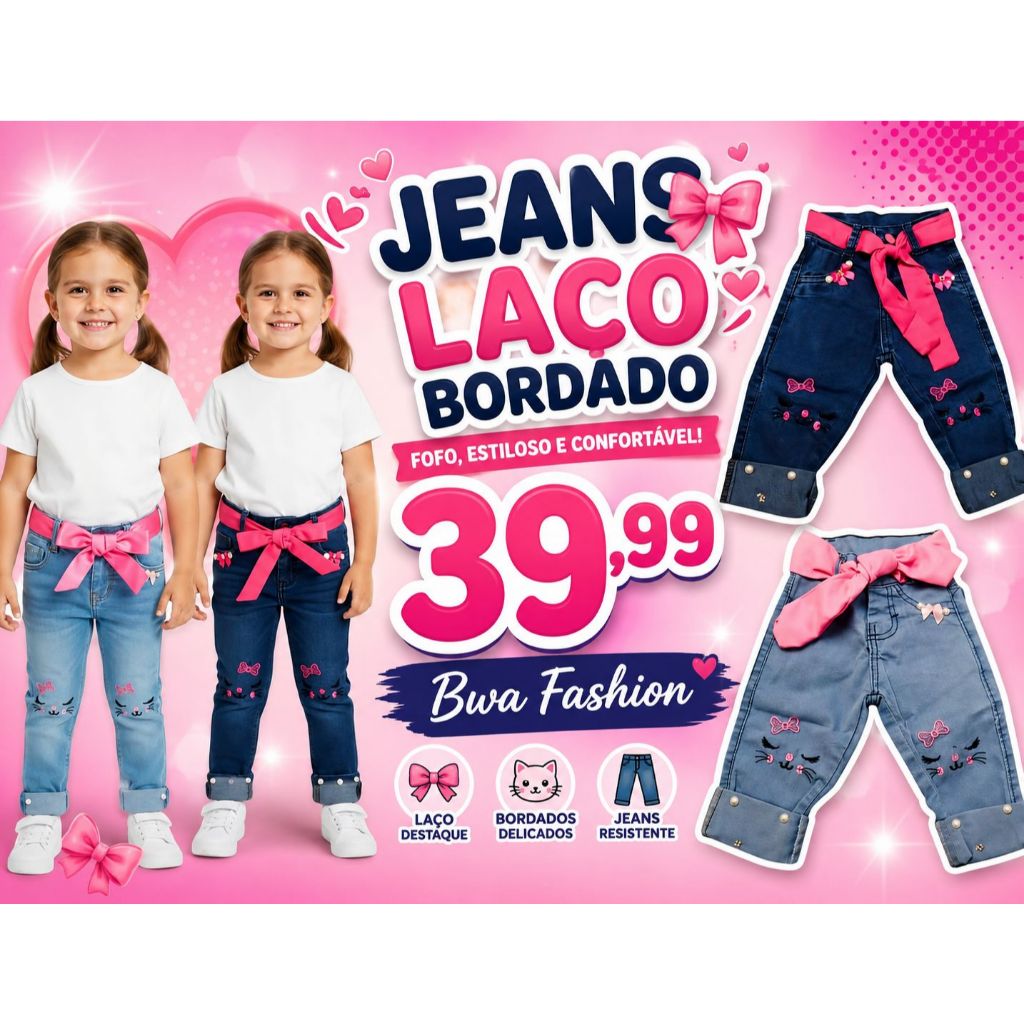 Calça jeans infantil gatinha LUXO