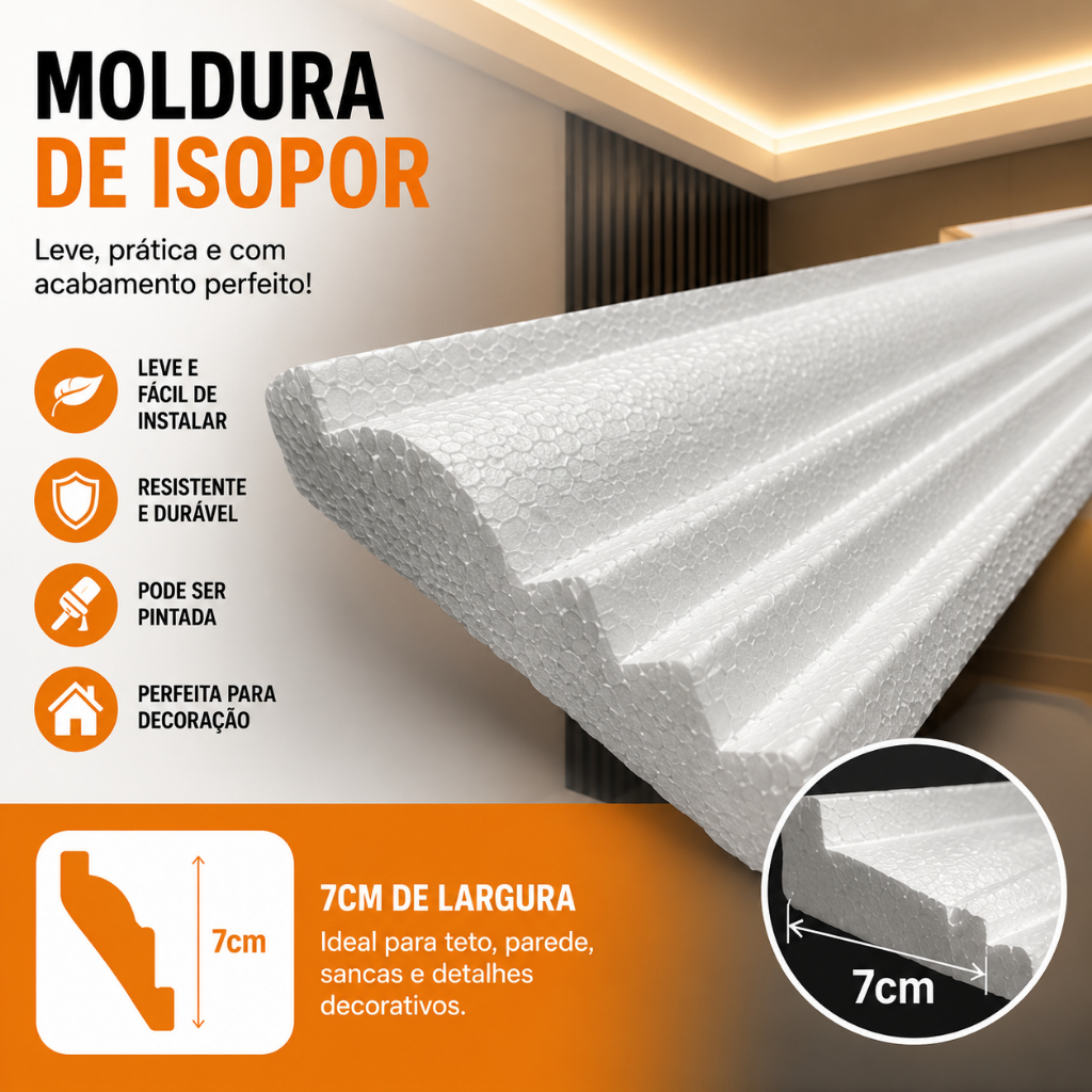 Moldura de Isopor EPS 7cm 40 metros – Acabamento Decorativo para Tetos e Paredes