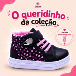 Tênis Cano Alto Infantil Menina com Velcro e Silk Coração