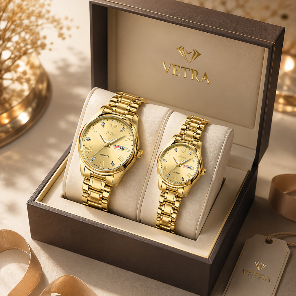 VETRA Kit Relógio Casal Masculino e Feminino Original Luxo a Prova d Água Presente Aço Inoxidável Dourado 5563