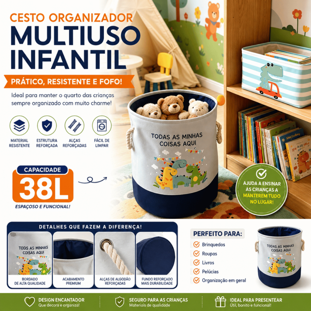 Cesto Organizador Infantil Roupas Sujas Brinquedos Quarto Bebê Dobrável