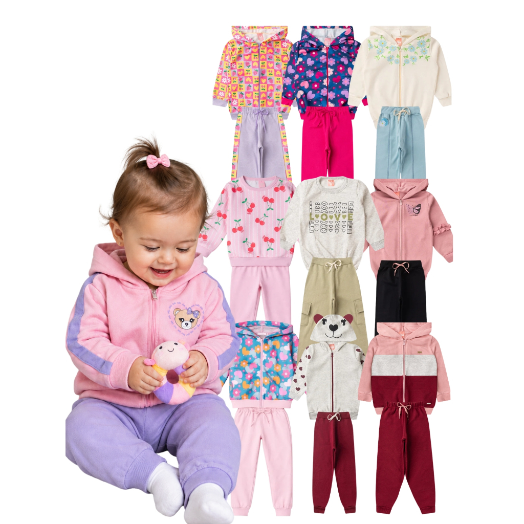 Kit 6 Peças Conjunto Moletom Infantil Menina Bebê Inverno Peluciado Quentinho 1 ao 8 Anos 3 Casacos 3 Calças Sortido