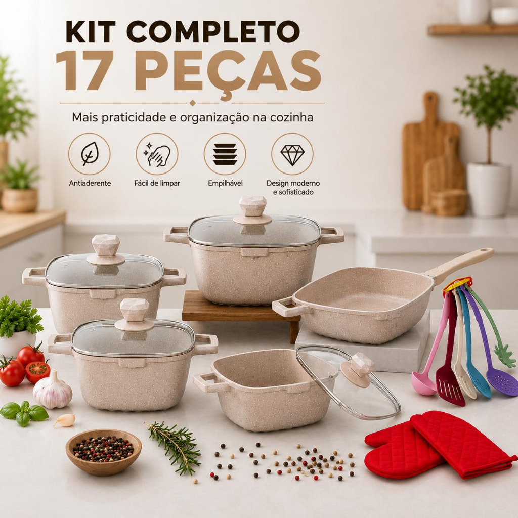 Jogo de Panelas Kit 17 Pçs Antiaderente Tampa Vidro + Luva Térmica e Kit Utensílios