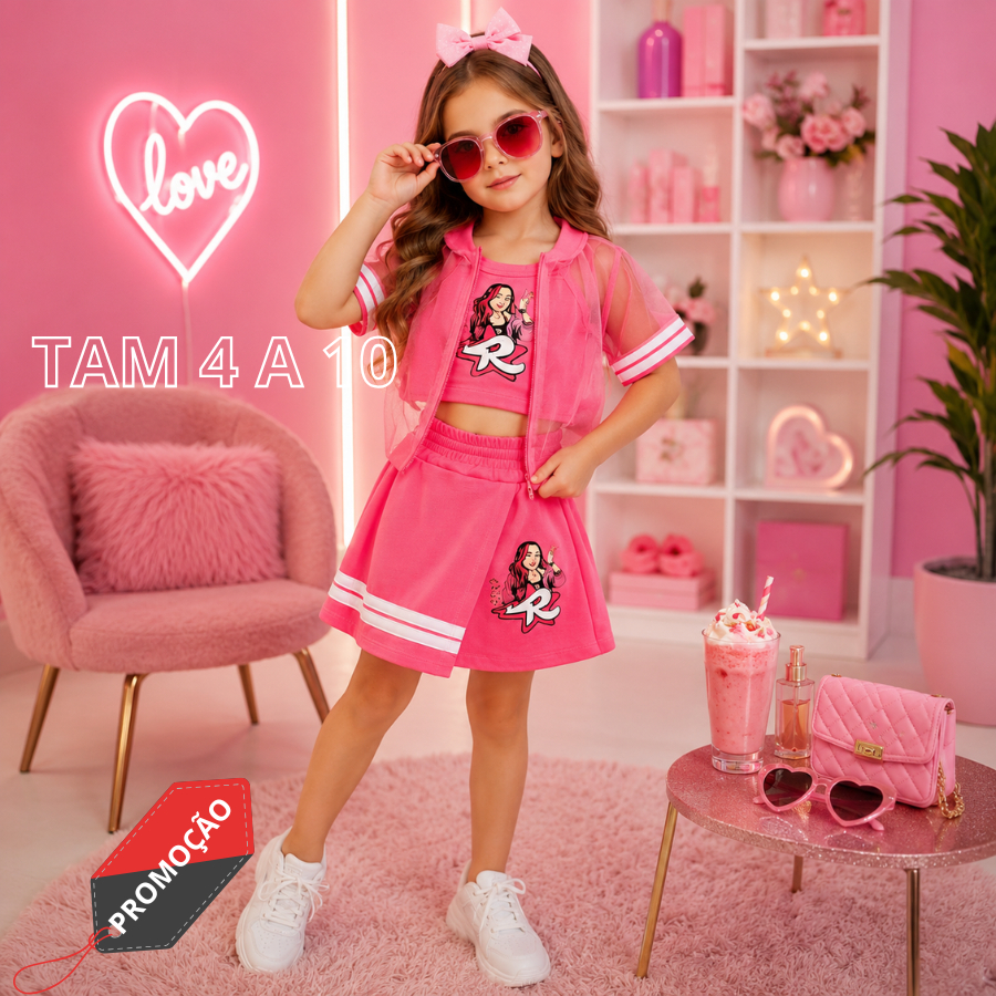 Conjunto Infantil Festa 3 Peças Tule Casaco Top e Short Saia Menina Estilo Blogueirinha Tam. 4 ao 10
