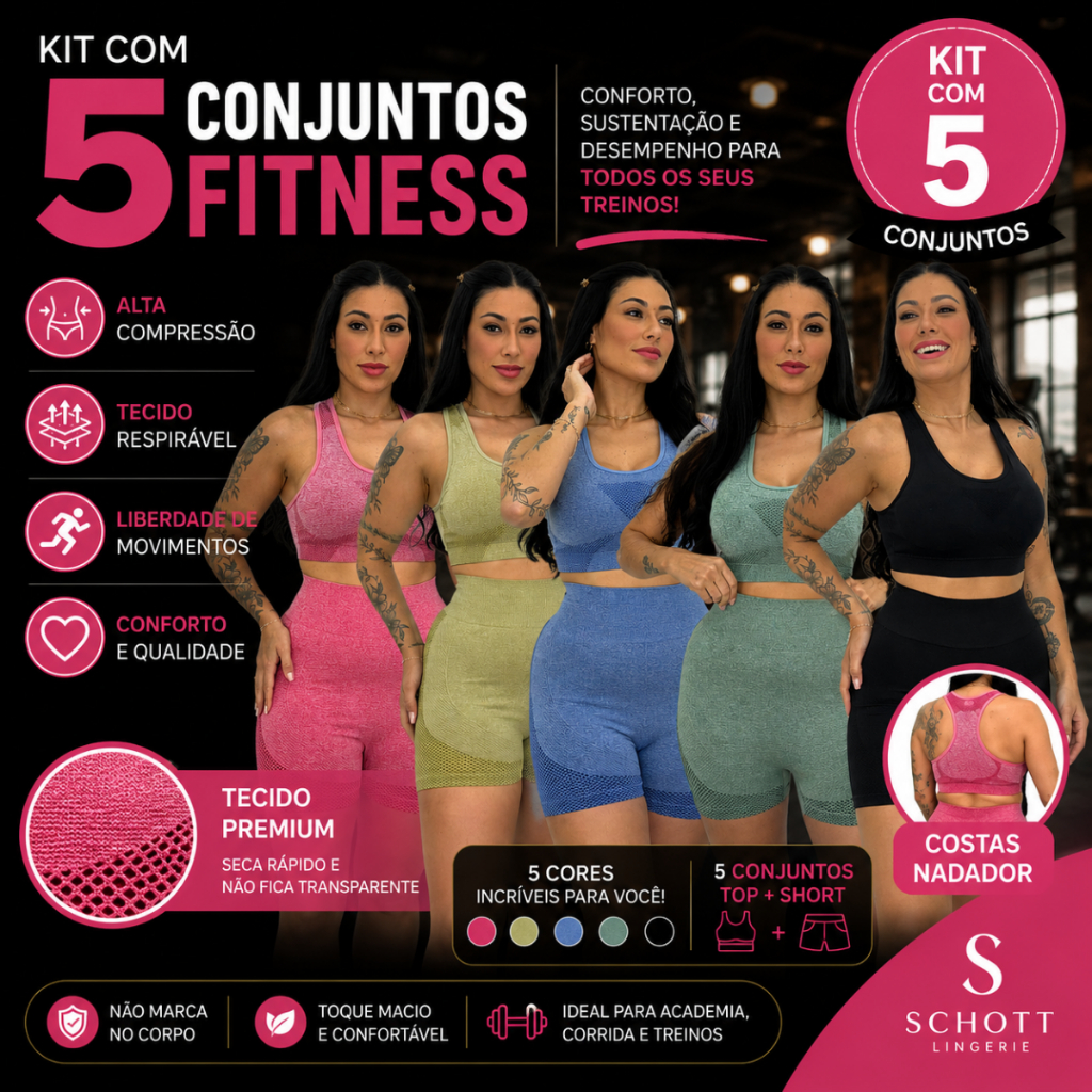 KIT COM 5 Conjuntos Fitness Para Corrida Academia Top E Short De Poliamida Levinho Zero Transparência