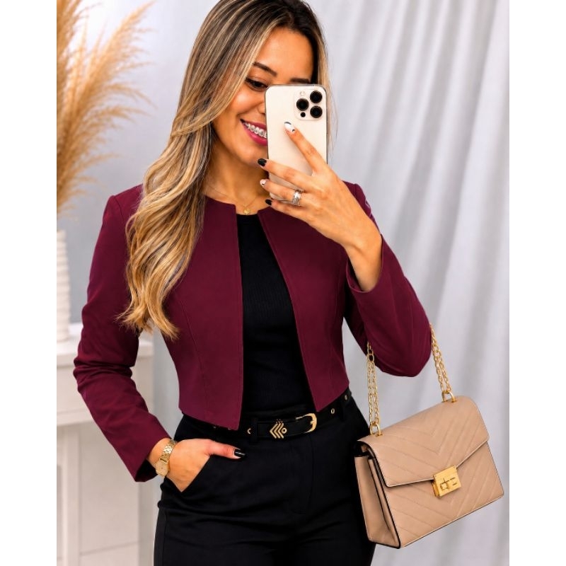 Blazer Feminino Curto - Blusa Casaco Social Alfaiataria Cropped