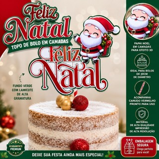 Topo de Bolo Feliz Natal com Papai Noel 3D – Decoração para Bolo de Natal - Decoração Natalina