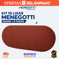 Disco de Lixa Menegotti 225mm 6 Furos Kit 10 Un Velcro P/ Lixadeira de Parede Teto MLP 710H 750 LED