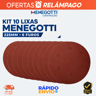 Disco de Lixa Menegotti 225mm 6 Furos Kit 10 Un Velcro P/ Lixadeira de Parede Teto MLP 710H 750 LED
