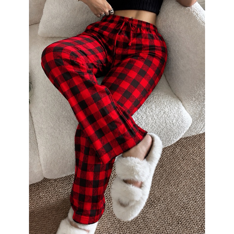 Calça Pijama Feminina Longa Casual com Estampa Xadrez Vermelho Cintura Elástica Perna Reta Confortável