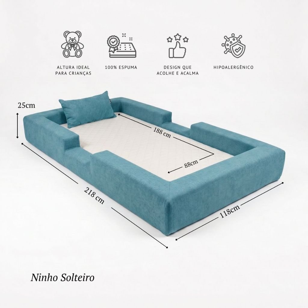 Cama Montessoriana Solteiro Ninho 100% Espuma Verde Água Keiko