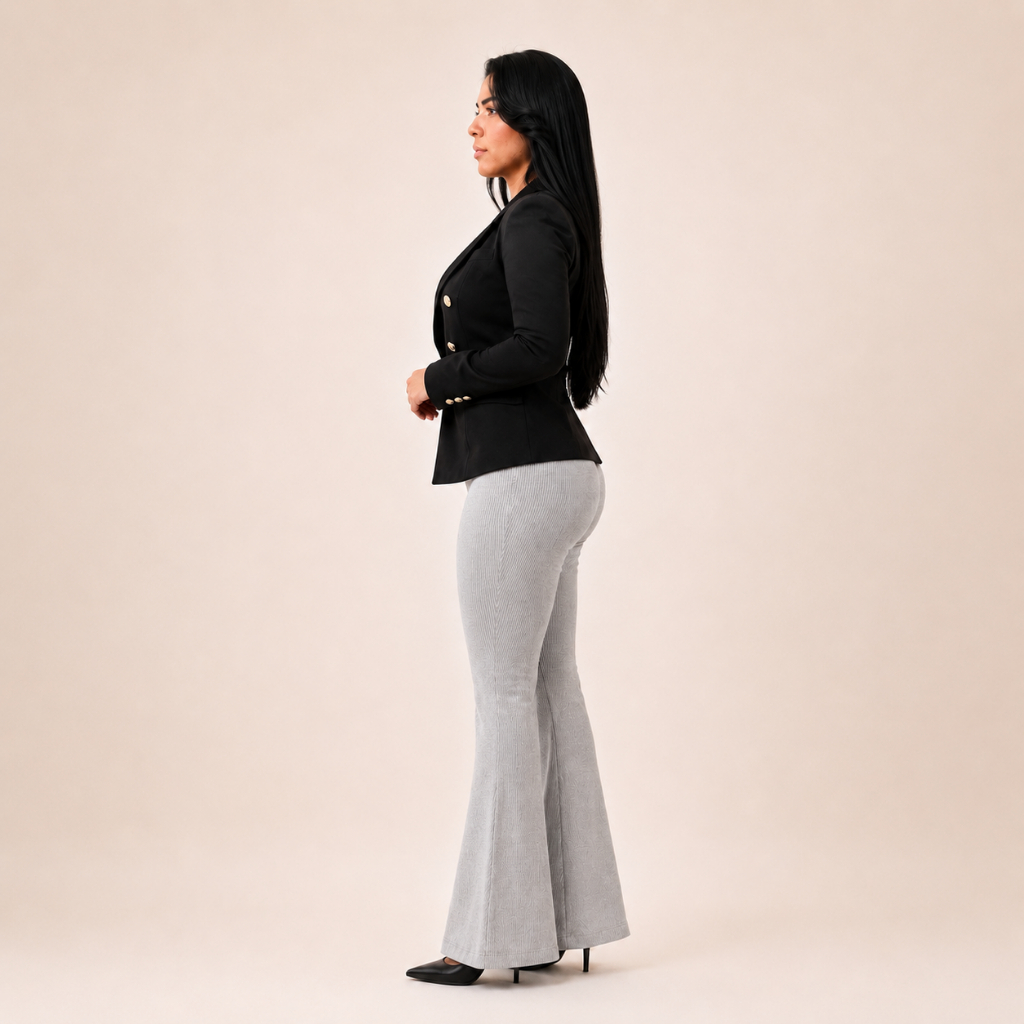 Calça Flare Bandagem Canelada Feminina Cintura Alta Modeladora Premium Confortável Casual Elegante Stretch Elasticidade — imagem 2 de 2