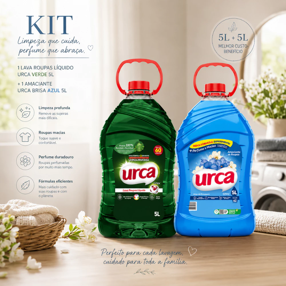 Kit 1 LAVA ROUPAS LIQUIDO URCA VERDE-5L + 1 AMACIANTE URCA BRISA AZUL-5L