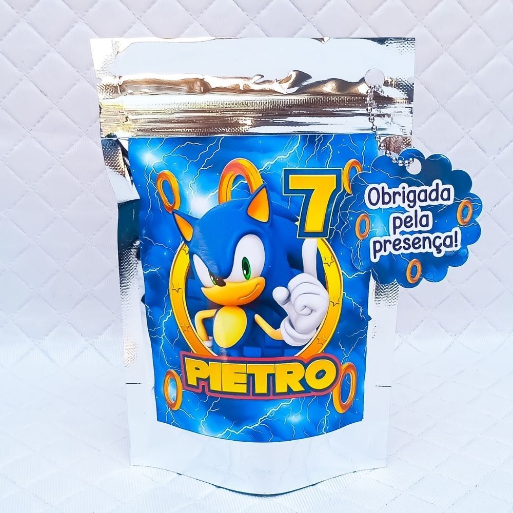 Saquinho Metalizado Zip Lock 10x15 ou 12x19 cm personalizado SONIC lembrancinha aniversário festa infantil