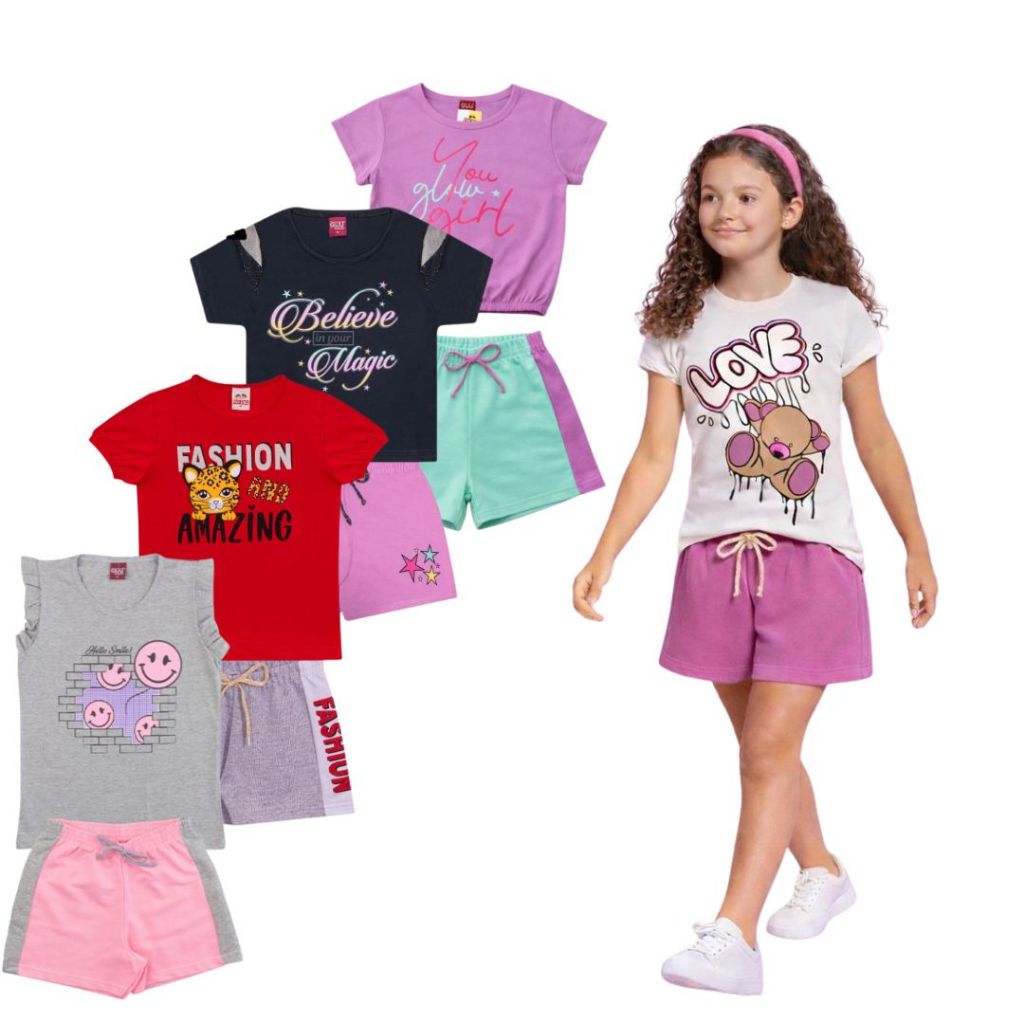 Kit Sortido 4 Conjuntos 4 Blusas 4 Shorts Menina Juvenil Verão Estampada