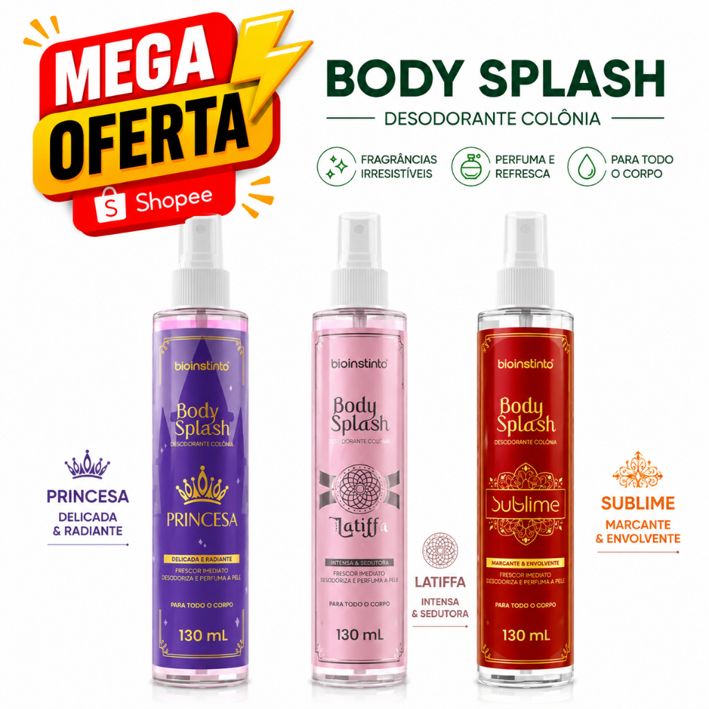 3 UN Body Splash Bio Instinto 130ml PRINCESA + SUBLIME + LATIFFA Lançamento Perfumaria Fina