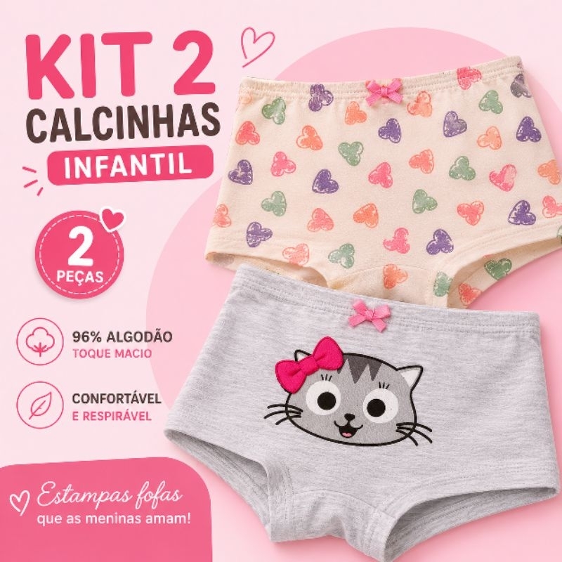 Kit 2 unid Calcinha BOXER Infantil Menina 100% Algodão Estampas Sortidas P M G e GG