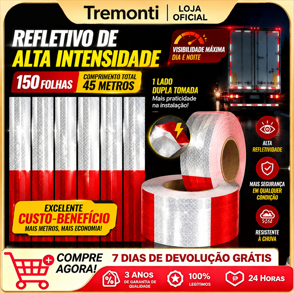 Faixa Refletiva Adesiva 45m/Rolo p/ Caminhão Ônibus Branco/Vermelho 30x5cm – 150 Un