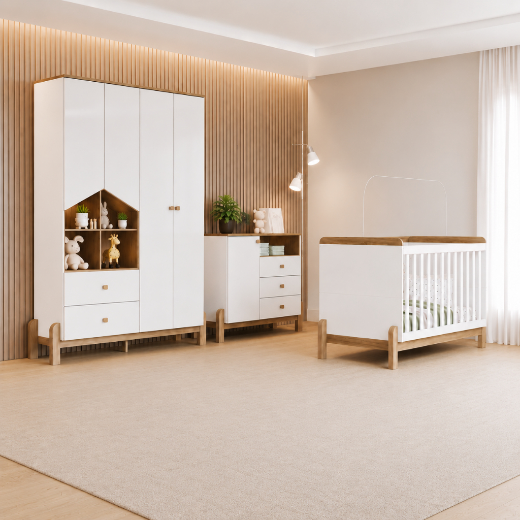 Quarto de Bebê Completo Berço 2 em 1 Guarda Roupa 4 portas e Cômoda Ternura Henn