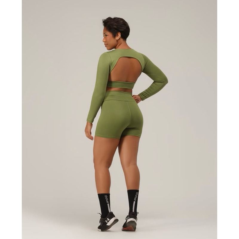 Conjunto Fitness Feminino Manga Longa Abertura nas Costas Academia Treino