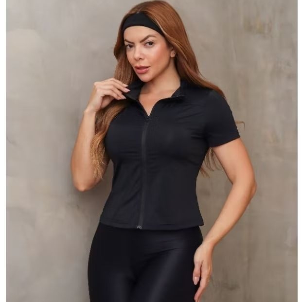 Casaco Feminino moda fitness Manga Curta modeladora com ziper esportiva yoga casaco para academia