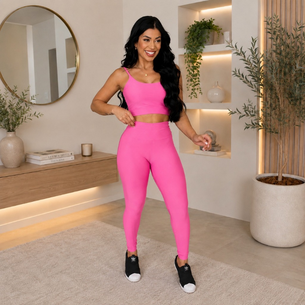 Conjunto Poliamida Calça Legging Top sem Bojo Liso Fitness Feminino Suplex Treino Cintura Alça