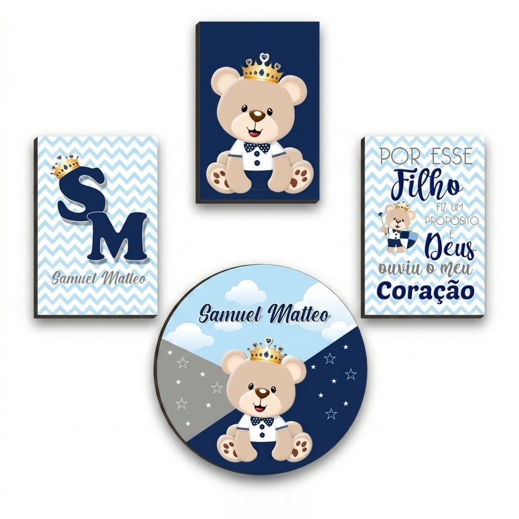 Kit Quadros Decorativos 4 Peças Infantil Frase Salmo Urso Nome Personalizado Presente Menina Menino