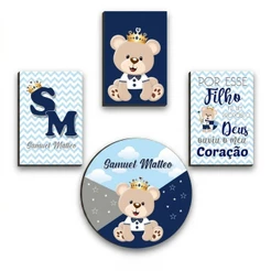 Kit Quadros Decorativos 4 Peças Infantil Frase Salmo Urso Nome Personalizado Presente Menina Menino